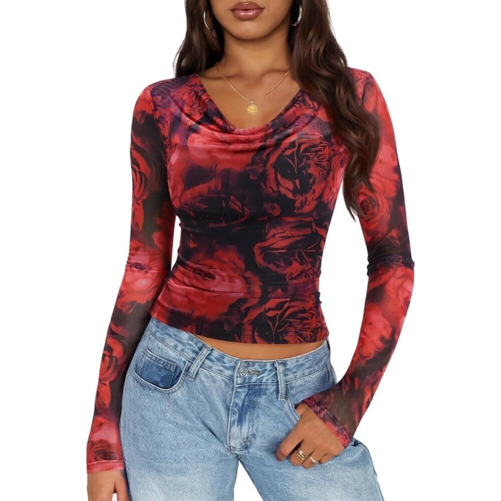 Women's Floral Mesh Long Sleeve Top Cowl Neck Slim Fit Y2K Trendy Casual